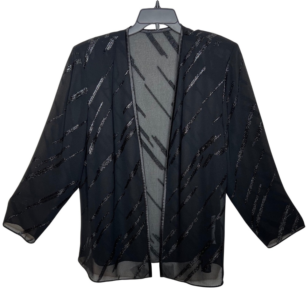 R&M Richards Woman Black‎ Sheer Jacket Glitter Stripe Open Front Size 16W